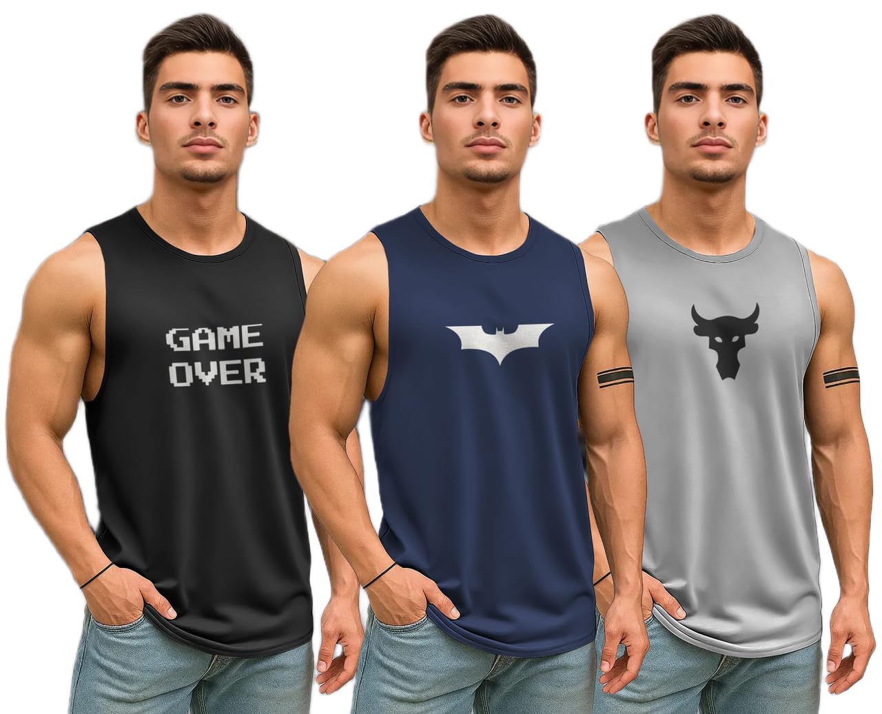 cross spirit Men Printed Sleeveless T-Shirt (Blak GMOVR+Navy BTMN+Grey Bull_S)(Pack of 1)_PT-picture-45