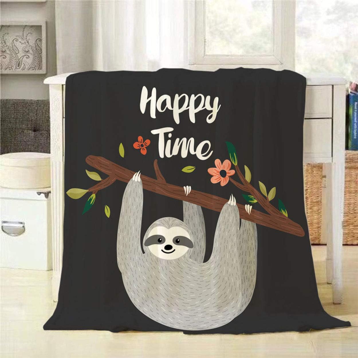 Mugod Grey Sloth Throw Blanket Happy Time Design with Funny