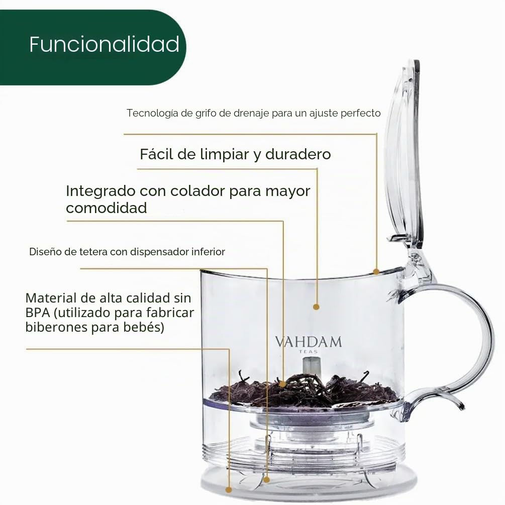 VAHDAM, Tetera para Té a Granel con Filtro de Malla Integrado para Taza | 474 ml | Libre de BPA | Diseño Antigoteo | Ideal para Té Caliente y Frío
