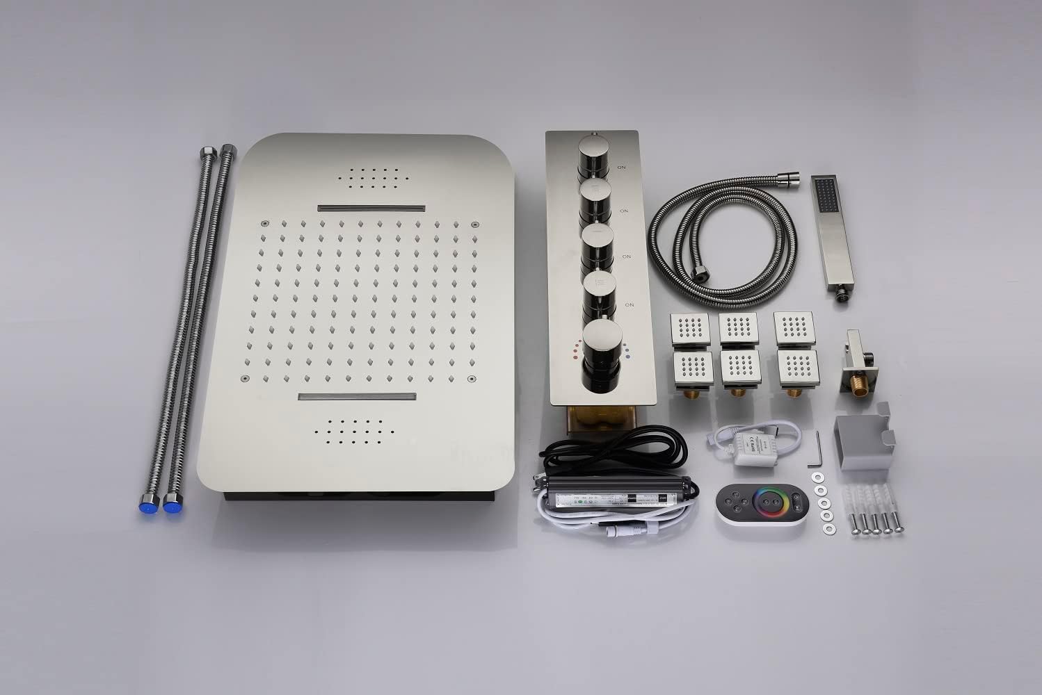 Cascada Luxury 15”x23” Modern LED Shower Head with Handheld Shower, built-in Bluetooth Speakers, 4 Functions (Rainfall, Waterfall, Body jets & Handheld) (Brushed Nickel)