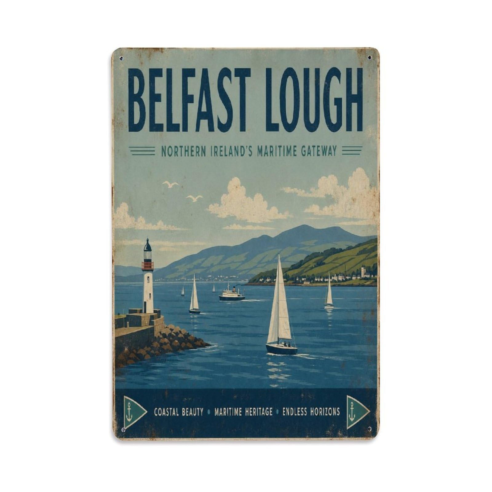 Belfast Lough Ireland Maritime Coastal Sailing Metal Tin Sign Plaque Wall Decor for Cafe, Man Cave, Club Bar, Office, Home Garden Round Metal Poster 8x12Inch