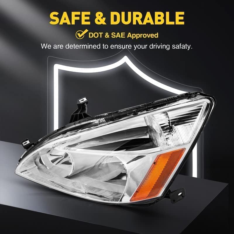 Front Headlights Assembly Compatible with 2003-2007 Accord Accord Headlight Set Amber Reflector Clear Lens Chrome Housing Replace# HO2502120,HO2503120