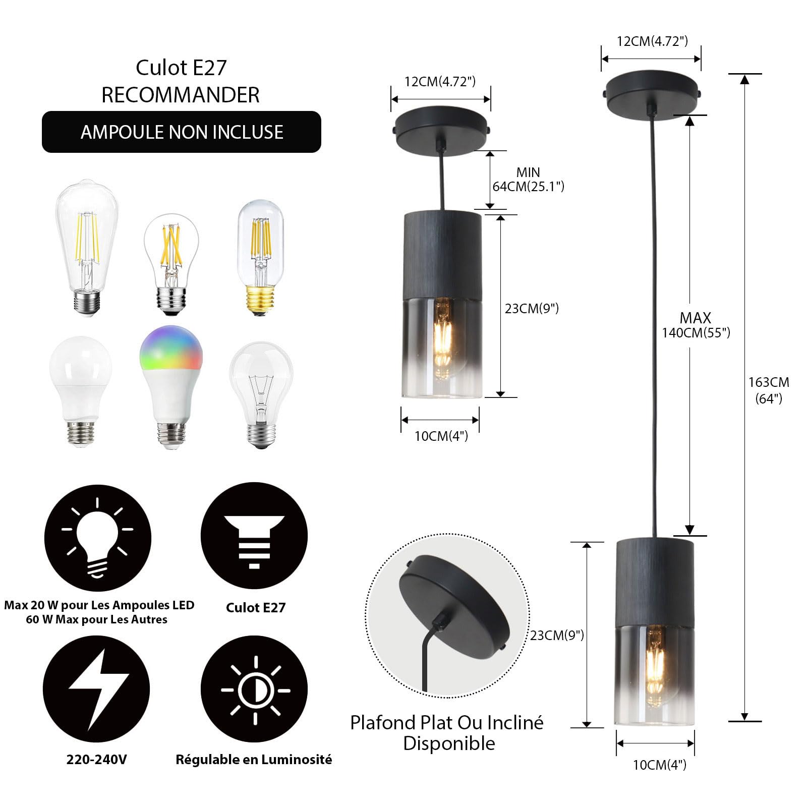 Lustre Noir, Lustre Salon Appareils de Lustre Chambre, Modèles Modernes Réglables pour Île de Cuisine, Lampes en Verre Industrielles pour Table à Manger, 1 Pièce, Ampoules Non Incluses