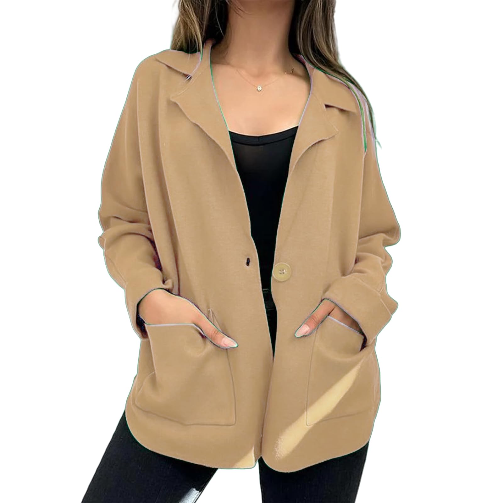 Womens Wool Blend Trench Coat Single Breasted Button Down Pea Coats Loose Open Front Cardigan Jacket Work Office
