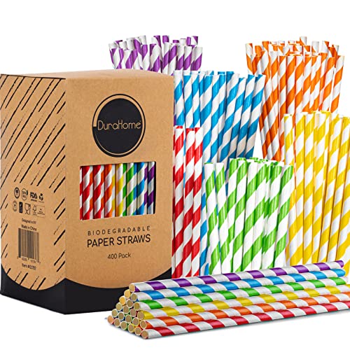 Paper Straws 400 Pack Biodegradable Colorful Striped Design 8.25' Straw for Everyday/Birthday Party/Baby Shower/Wedding/Anniversary and Parties, Long Lasting - by DuraHome (Colorful - 400pc)
