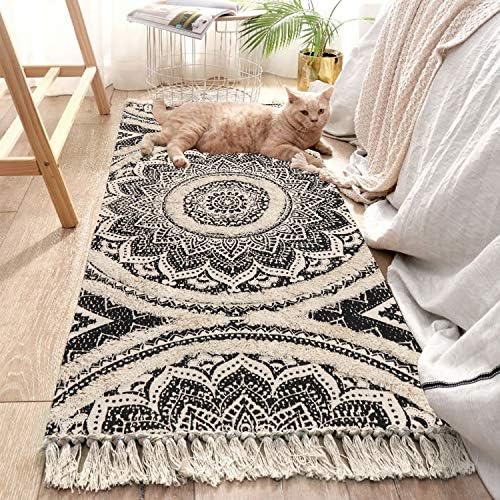 LEEVAN Mandala Boho Runner Rug, 2.3' x 5.3' Tufted Hand Woven Washable Hallway Runner Rug Black Cream Chic Tassels Door Mat Farmhouse Indoor Floor Rugs for Bedroom/Kitchen/Bathroom/Living Room