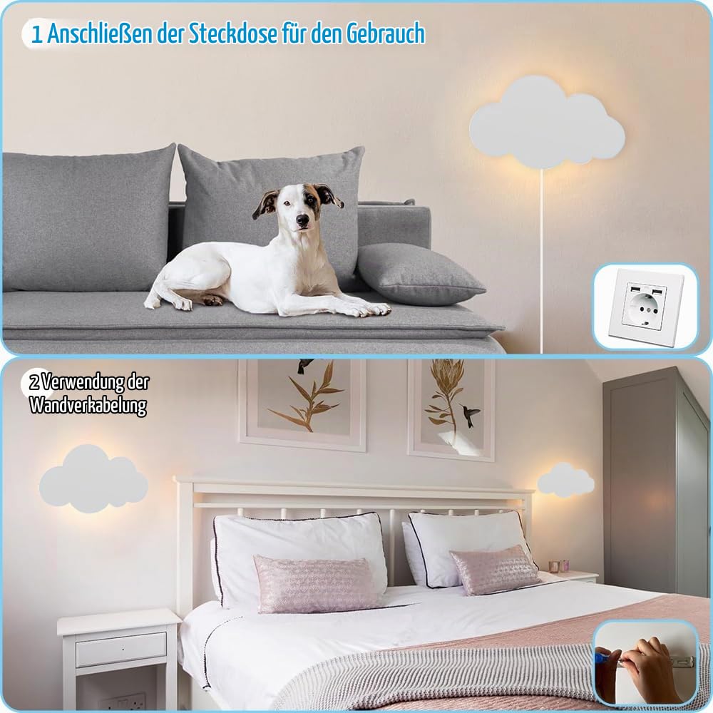 Wandleuchte mit Touch Schalter Innen Kinderzimmer Wandlampe LED 3 Farben Einstellbar Nachttischlampe Wolken Design Leselampe Wandbeleuchtung mit Stecker für Babyzimmer Schlafzimmer Wohnzimmer, Weiß