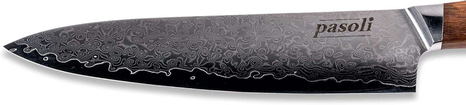 Pasoli Coltello da Chef Professionale - Coltello da Cucina in Acciaio Damasco Giapponese, Lama Damasco e Manico in Legno - Lama Affilata per Tagliare, Affettare, Tritare - Lungo 20cm, 67 Strati, VG-10