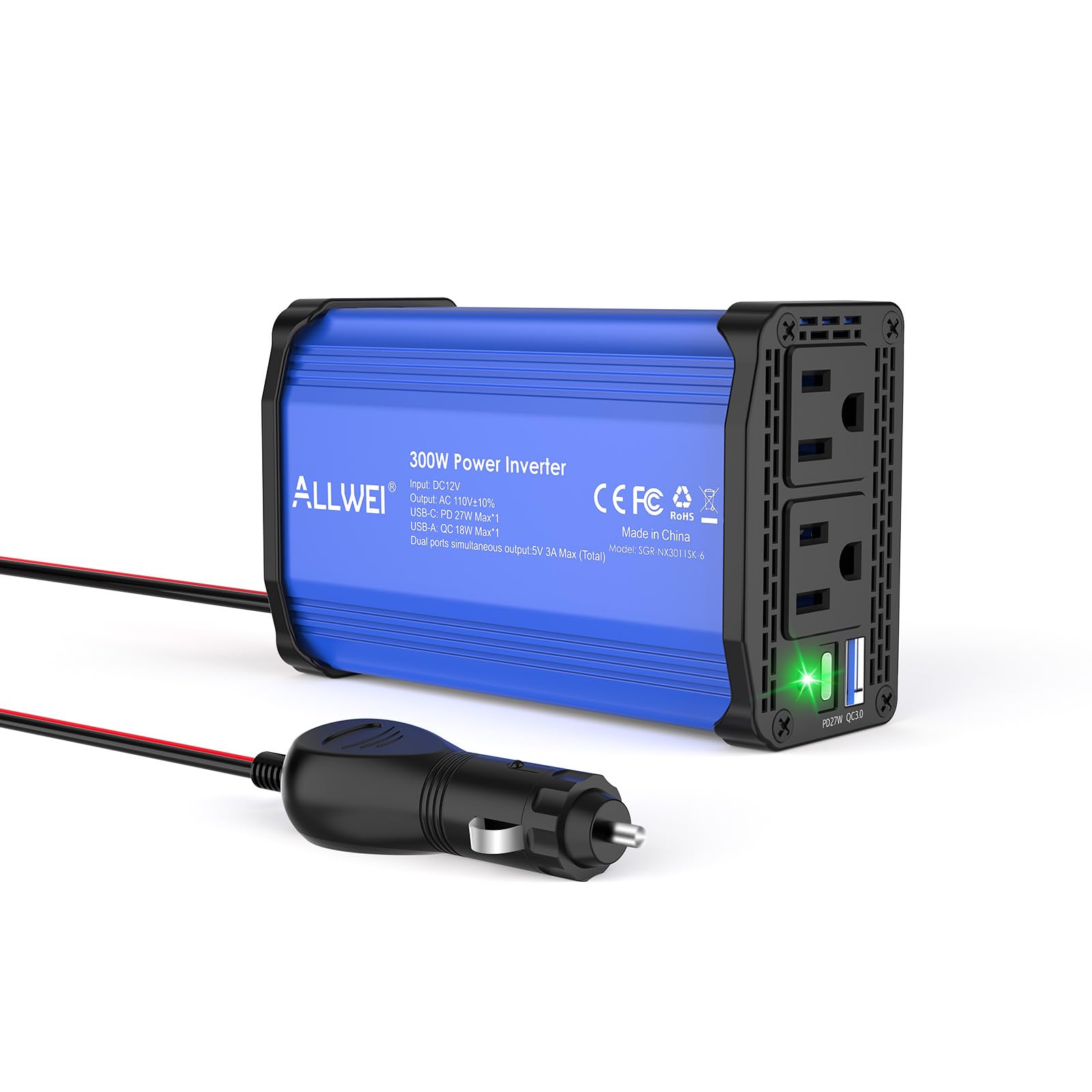 ALLWEI 300W Car Power Inverter, DC 12V to 110V AC Converter Car Plug Adapter Outlet with 27W PD USB-C & 18W USB-A Fast Charge, Car Cigarette Lighter Charger for Phone, Laptop, Tablet - Blue