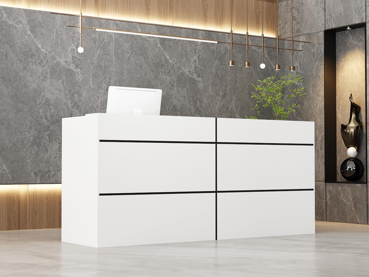 Grand comptoir de réception, comptoir de vente, blanc, MDF, 220 cm x 60