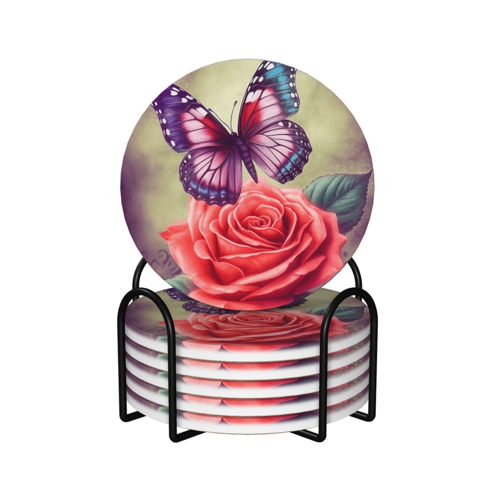 Dessous de verre papillon et rose en céramique avec support, lot de 6 pièces rondes