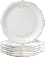 SOUJOY 10.5 Inch Porcelain Dinner Plates Set of 6, White Embossed Petal Design, Microwave Dishwasher Safe Dinnerware