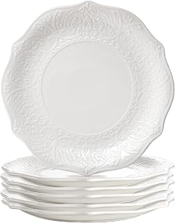 SOUJOY 10.5 Inch Porcelain Dinner Plates Set of 6, White Embossed Petal Design, Microwave Dishwasher Safe Dinnerware