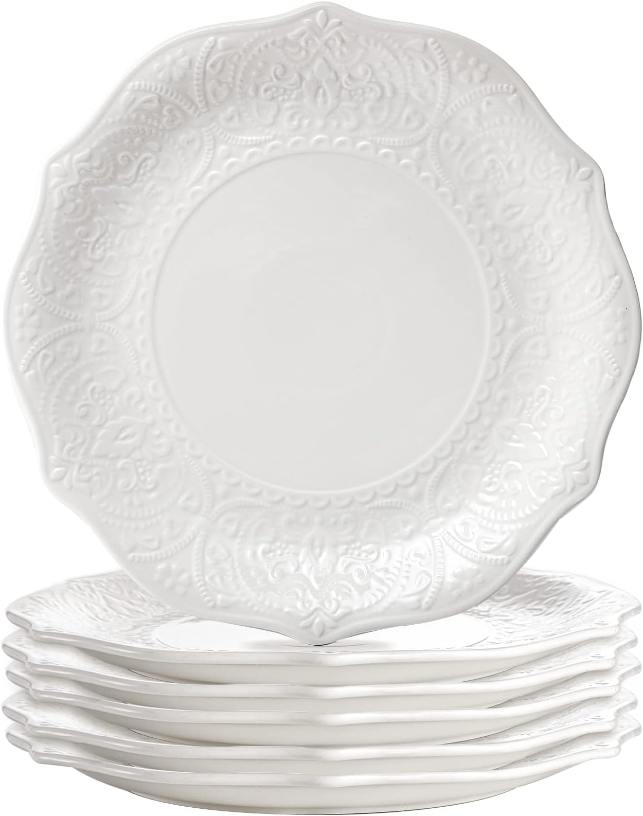SOUJOY Set of 6 Porcelain Dinner Plate, 10.5'' White Dinner Dish, Embossed Printing Dinnerware Plate for Dinner, Restaurant, Family Party and Kitchen, Microwave, Dishwasher Safe