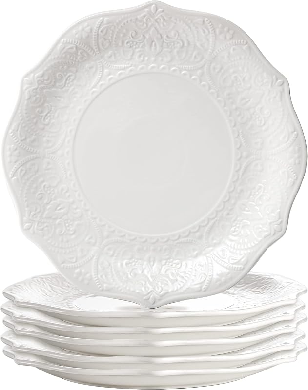 SOUJOY Set of 6 Porcelain Dinner Plate, 10.5'' White Dinner Dish, Embossed Printing Dinnerware Plate for Dinner, Restaurant, Family Party and Kitchen, Microwave, Dishwasher Safe