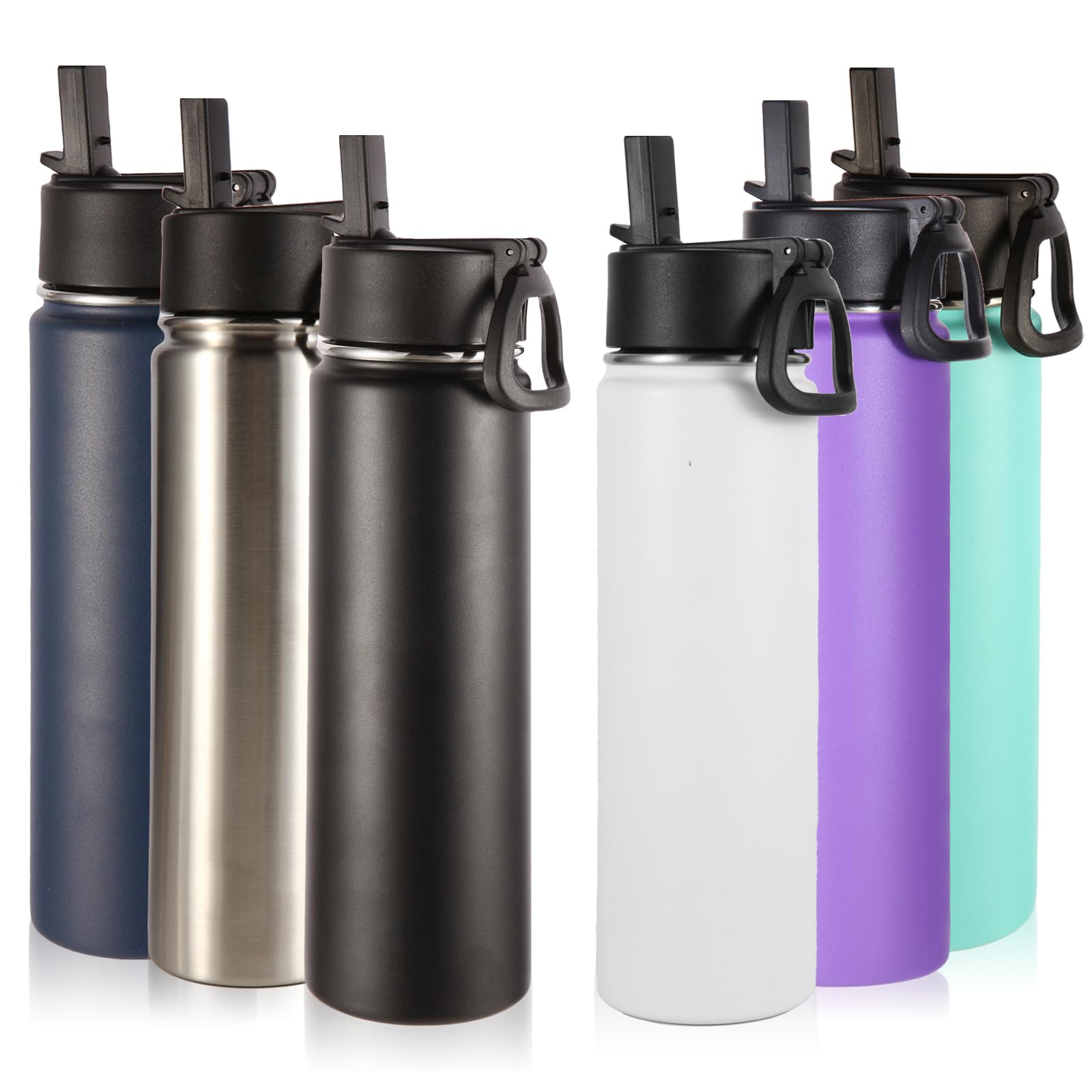 Volhoply 24oz Insulated Water Bottle With Straw Bulk 6 Pack,Metal Wide Mouth Water Bottles With Handle Lid Keep Cold,Reusable Double Wall Cups,Powder