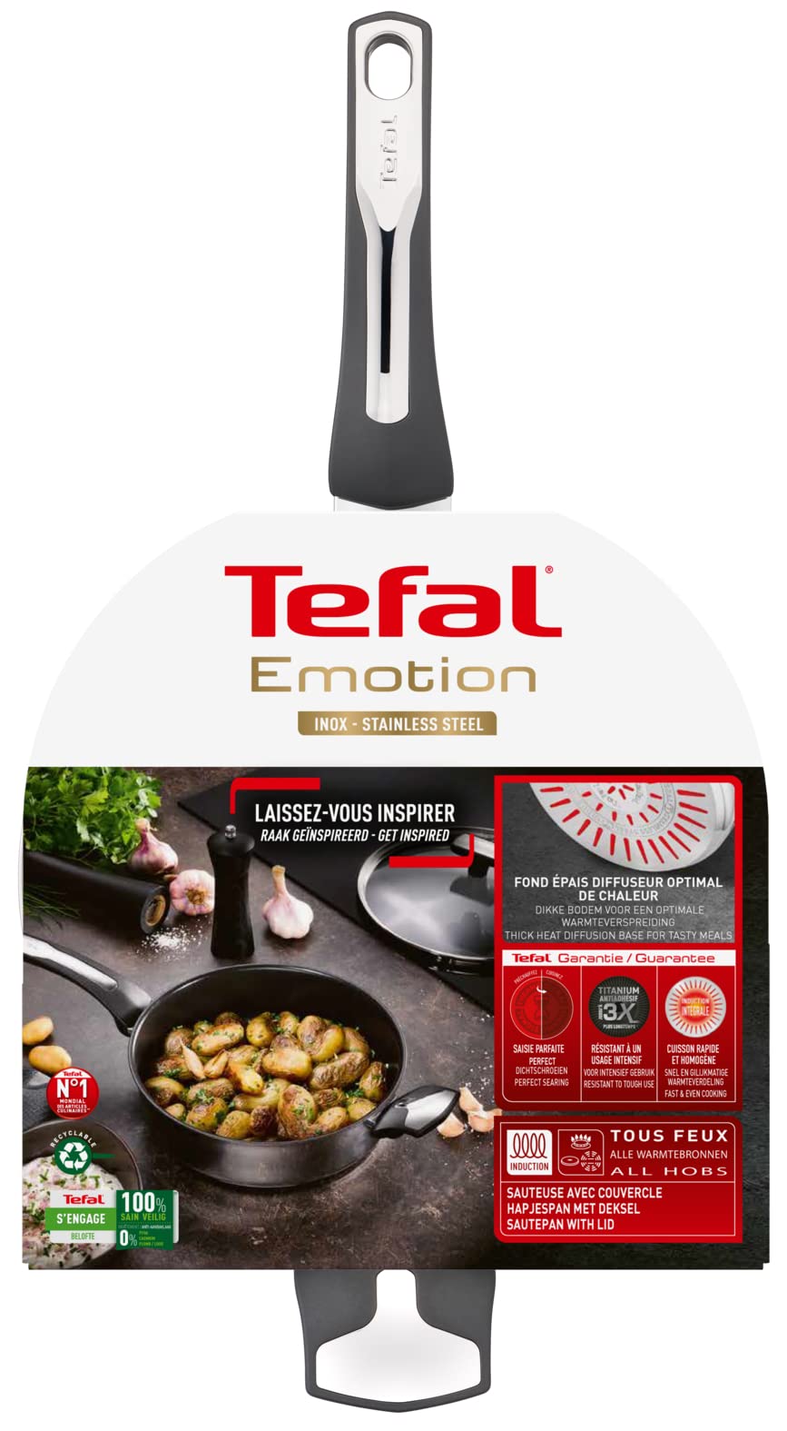 Tefal Emotion - Sartén de 26 cm, 4 L, tapa de cristal, revestimiento antiadherente, difusión de calor homogénea, termo-Signal, diseño elegante, mango resistente, inducción E3003304
