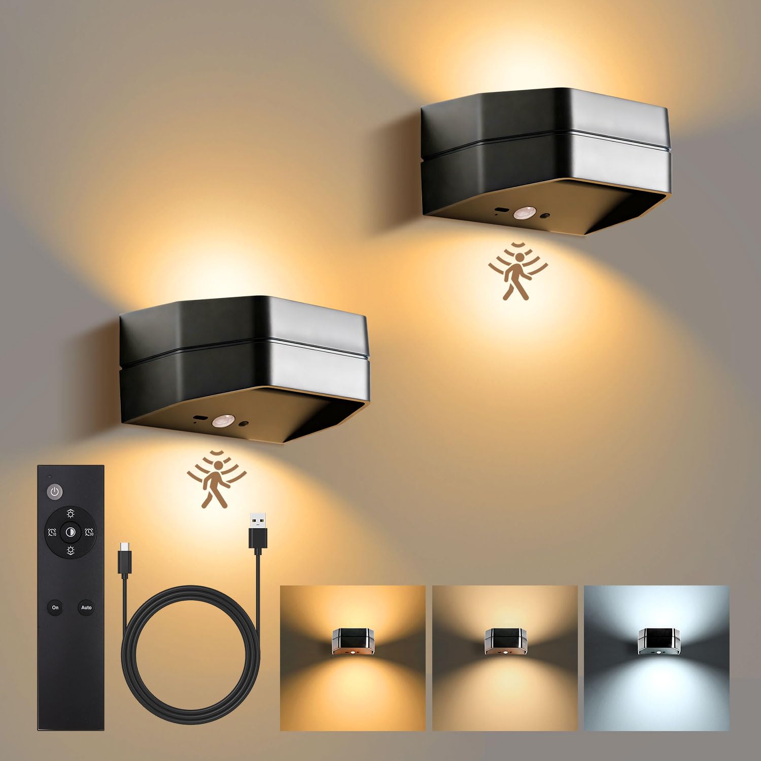 GreenClick Wall Lights with Motion Sensor, 3 Colours Adjustable, Rechargeable Battery Operated Wall Lights Touch Up Down Wireless Wall Lamp, LED Indoor Modern Wall Sconce Lighting 2Pcs