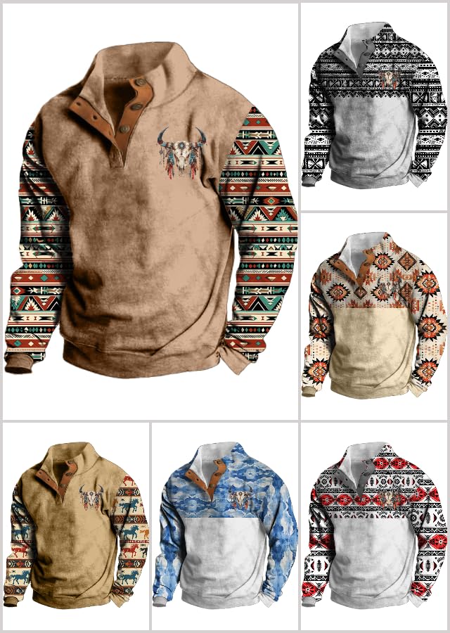 MARSVOVO Men'S Aztec Western Sweatshirt 1/4 Button Plus Size Cowboy Pullover Fall Winter Warm Hoodie Long Sleeve3