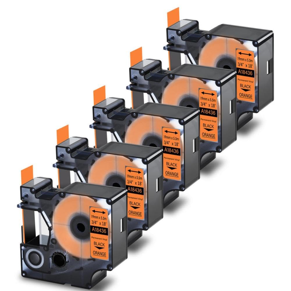 5er-Pack Etiketten 19 mm 18436 Etikettenband Schwarz auf Orange, kompatibel mit ILP 219 5000 5200 Etikettendruckern
