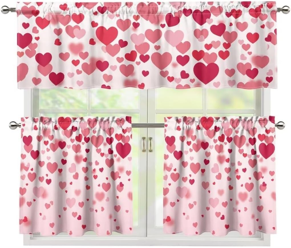Jeiento Valentine's Day Window Curtains Set of 3 for Home Light Filtering Valance Pink Heart 24" Tier Curtains with Valance Rod Pocket Window Curtains Treatment for Bedroom Valentine's Day Decorations