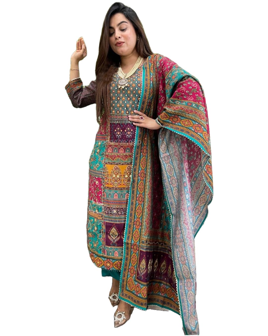GoSriKi Women's Silk Blend Straight Printed Kurta with Pant & Dupatta