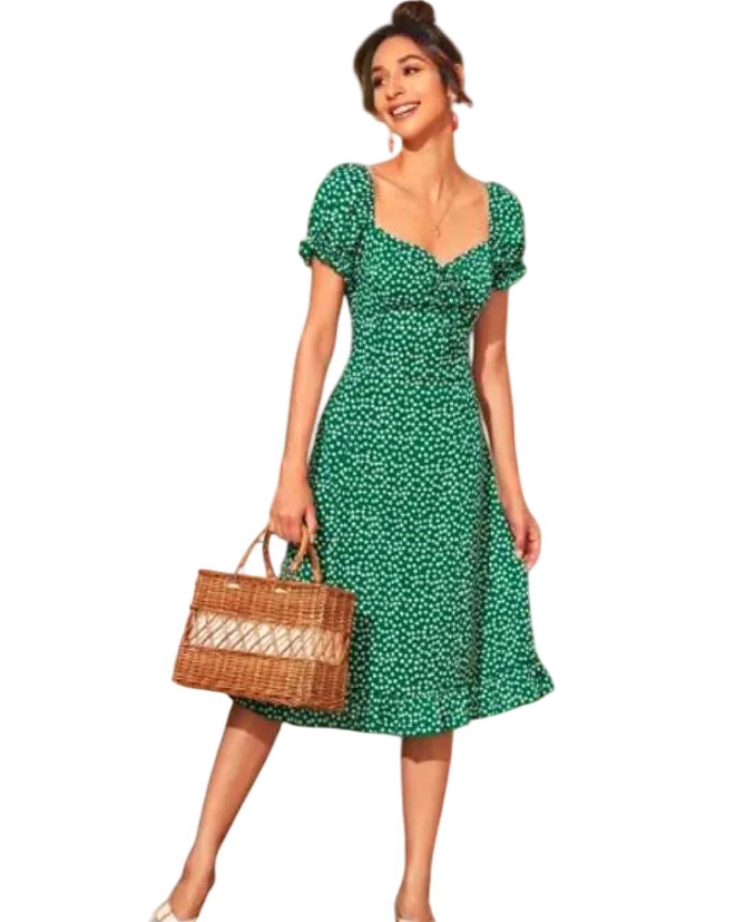 Women's Floral Print Midi Dress, Puff Sleeves, Sweetheart Neck, Polyester Blend, Casual Summer Style-picture-28