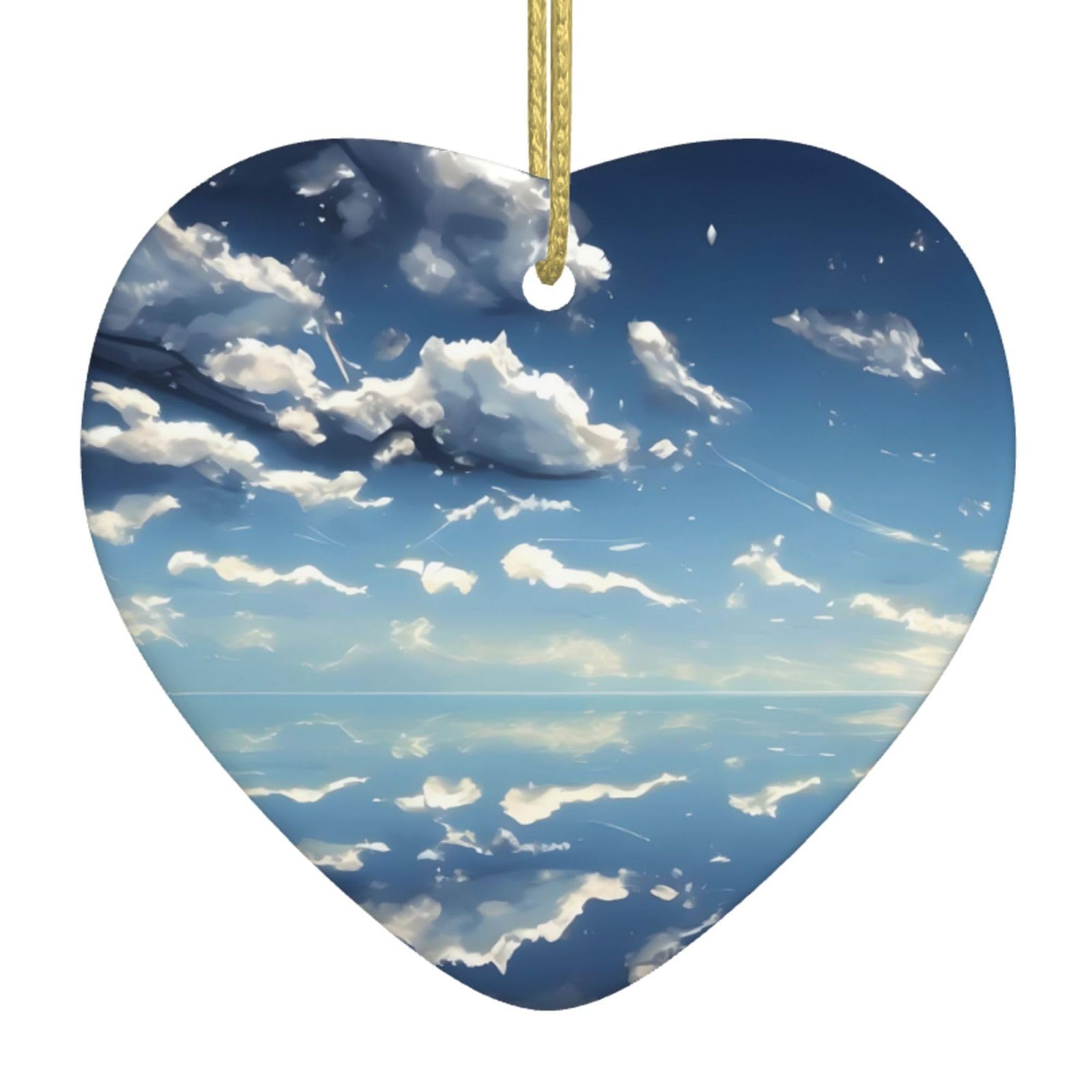 Blue Sky and White Clouds Ceramic Christmas Heart Pendant with Silk Thread, Christmas Tree Home Decoration