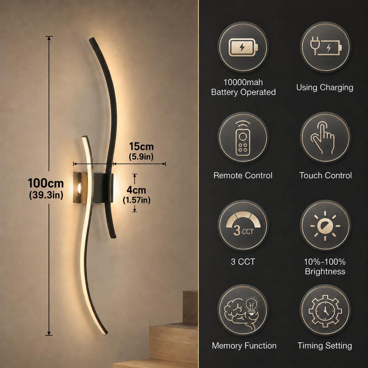 Led Wandleuchte Innen Akku mit Fernbedienung,Wandlampe Schwarz Modern Lampe Wand mit Dimmbar&Timing-Funktionen Kabellose Wandleuchte für Wohnzimmer Schlafzimmer Flur Treppen,2 Stück,100CM