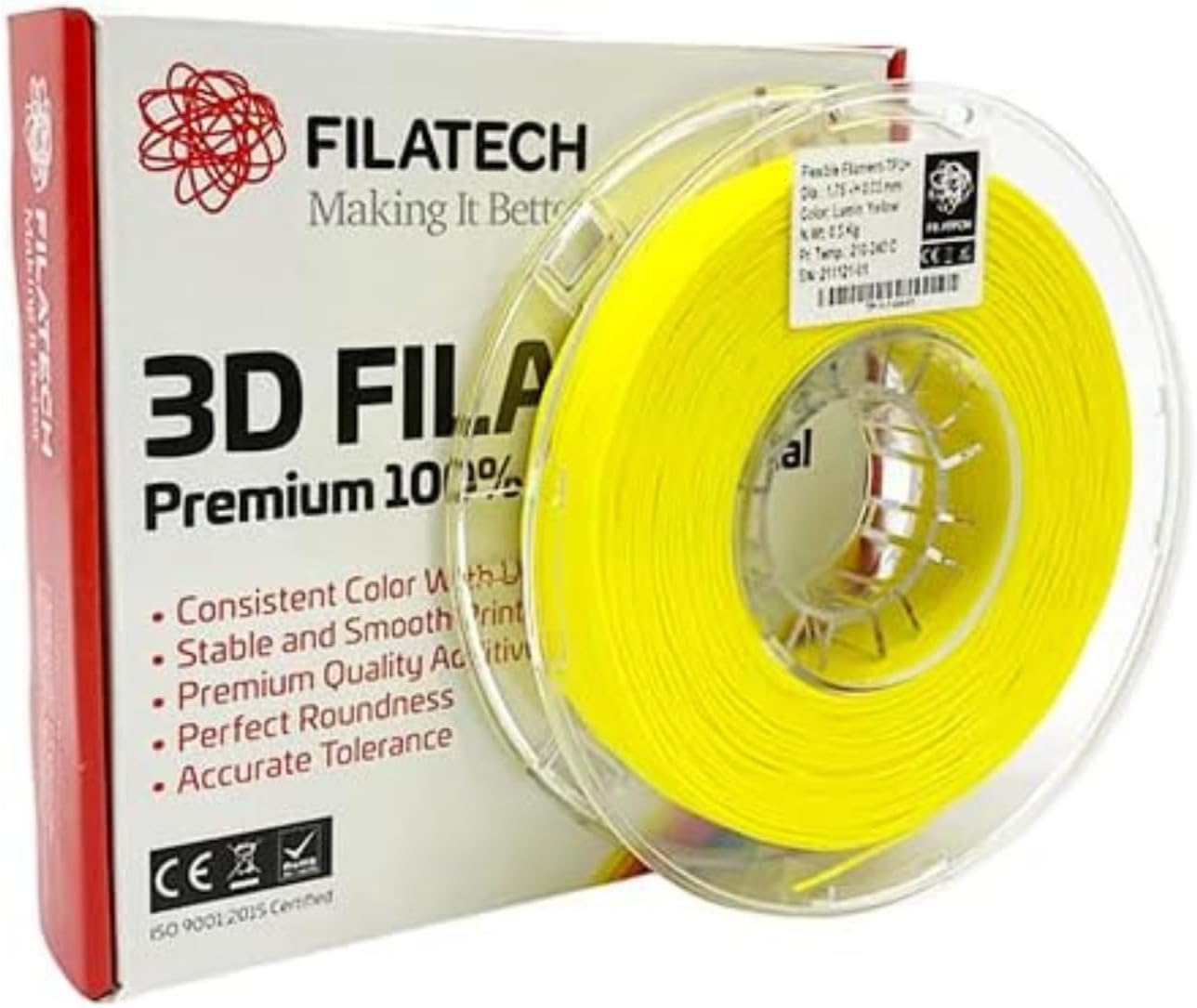 TPU Flexible 3D Printer Filament โ 1.75mm, 0.5kg Spool, Luminous Yellow โ High Elasticity, Strong Adhesion, Made in UAE