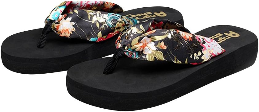 DeSen Women's Floral Summer Satin Wedge Flip Flops Runs Small, Order Size UP