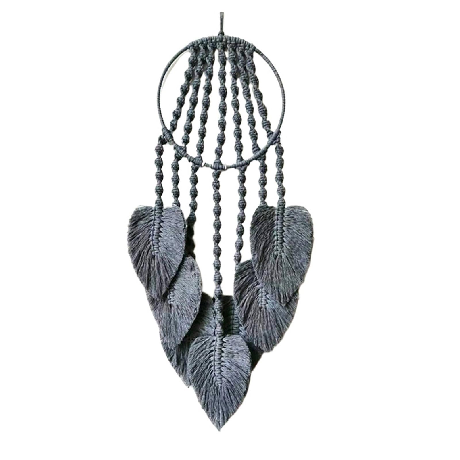Atrapasueños Atrapasueños de macramé con Forma de aro y Hojas de Plumas for Colgar en la Pared, Adorno Artesanal for decoración del hogar, Tapiz Tejido a Mano(Grey)