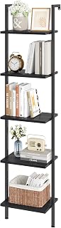 ELYKEN 5-Tier Black Ladder Shelf: Sturdy Wood & Metal Wall-Mounted Bookshelf, Vintage Leaning Storage Rack for Living Room, Bedroom, Office