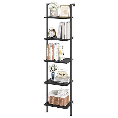 ELYKEN Ladder Shelf, 5-Tier Wood Wall Mounted Bookshelf with Metal