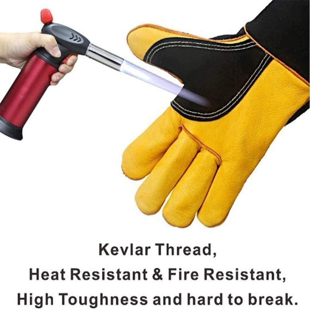 Guanti resistenti al calore, in pelle spessa resistente al calore, guanti da campeggio/cucina con manica lunga da 14 pollici, guanti da saldatore for caminetti e stufe, 2 paia