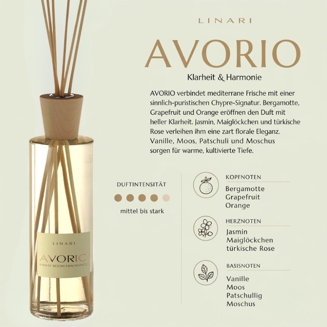 LINARI Avorio Reed Diffuser 500ml - Luxus-Raumduft bis 6 Monate haltbar | Von Top-Parfümeuren designt: Mediterraner Chypre mit Bergamotte, Vanille & Moos. Edler Designflakon, nachhaltig nachfüllbar.