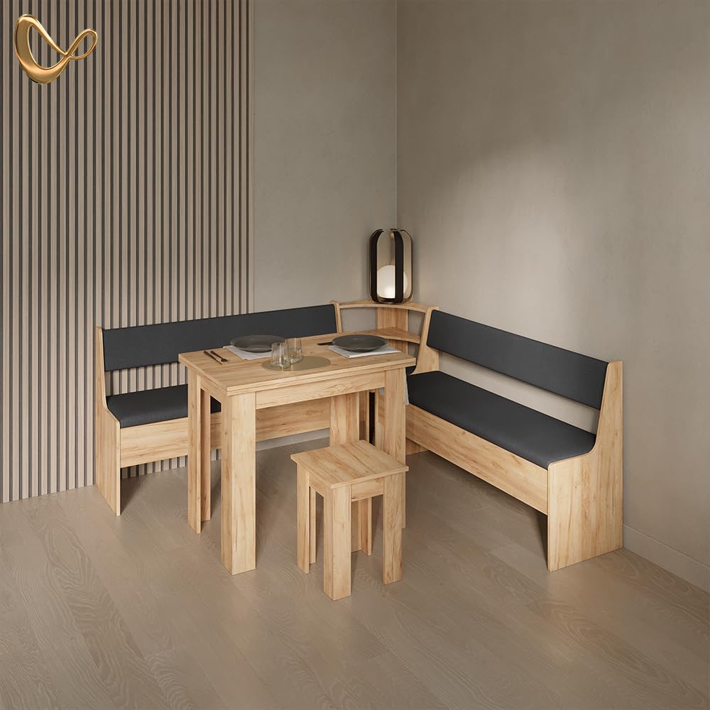 Livinity Conjunto con Banco esquinero Tiberio, Roble Dorado, 180 x 180 cm con Mesa