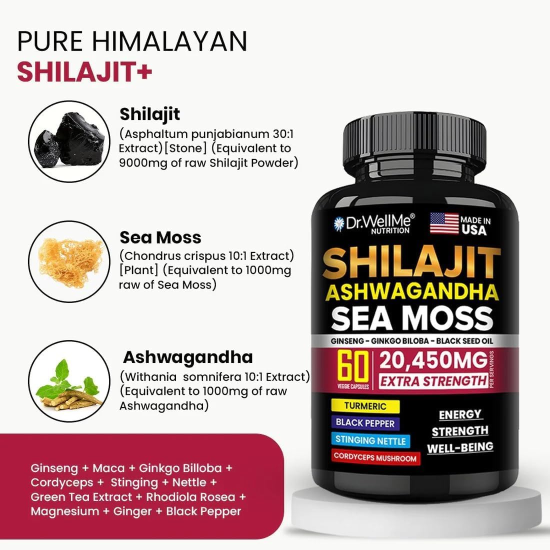 Dr.WellMe Shilajit Ashwagandha Sea Moss with Ginseng, Ginkgo Biloba & Black Seed Oil - 60 Veggie Capsules, Extra Strength 20,450mg - Anti-Aging, Stamina, Skin Radiance & Performance - Made in USA