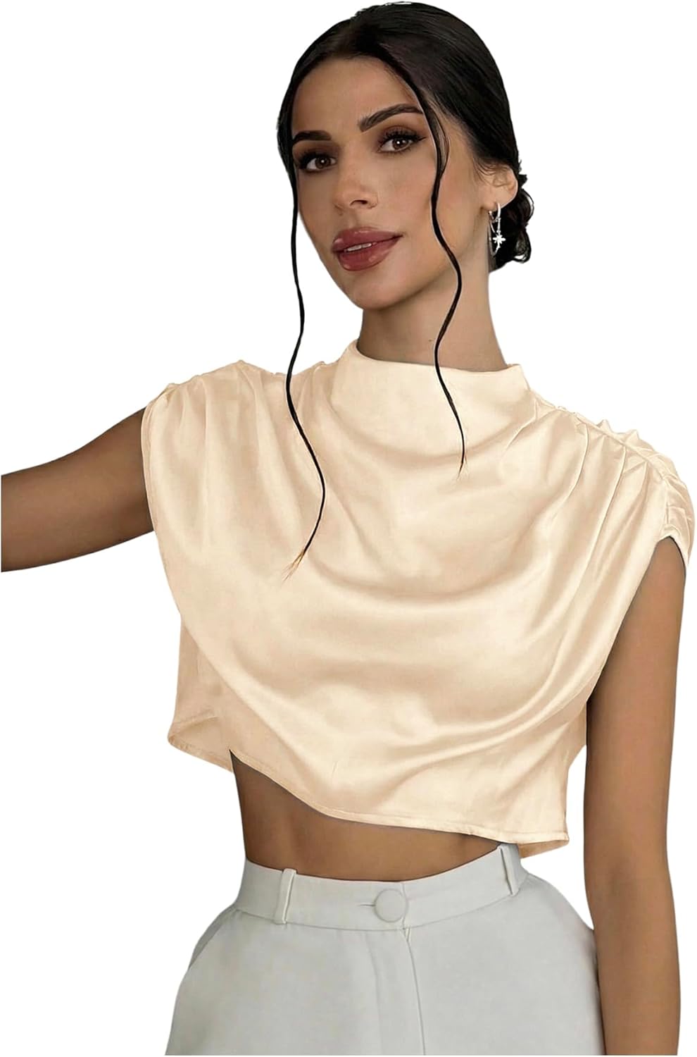 OYOANGLE Women's Satin Crop Top Mock Neck Satin Blouse Ruched Cap Sleeve Silk Tops Dressy Business Casual Work Shirts
