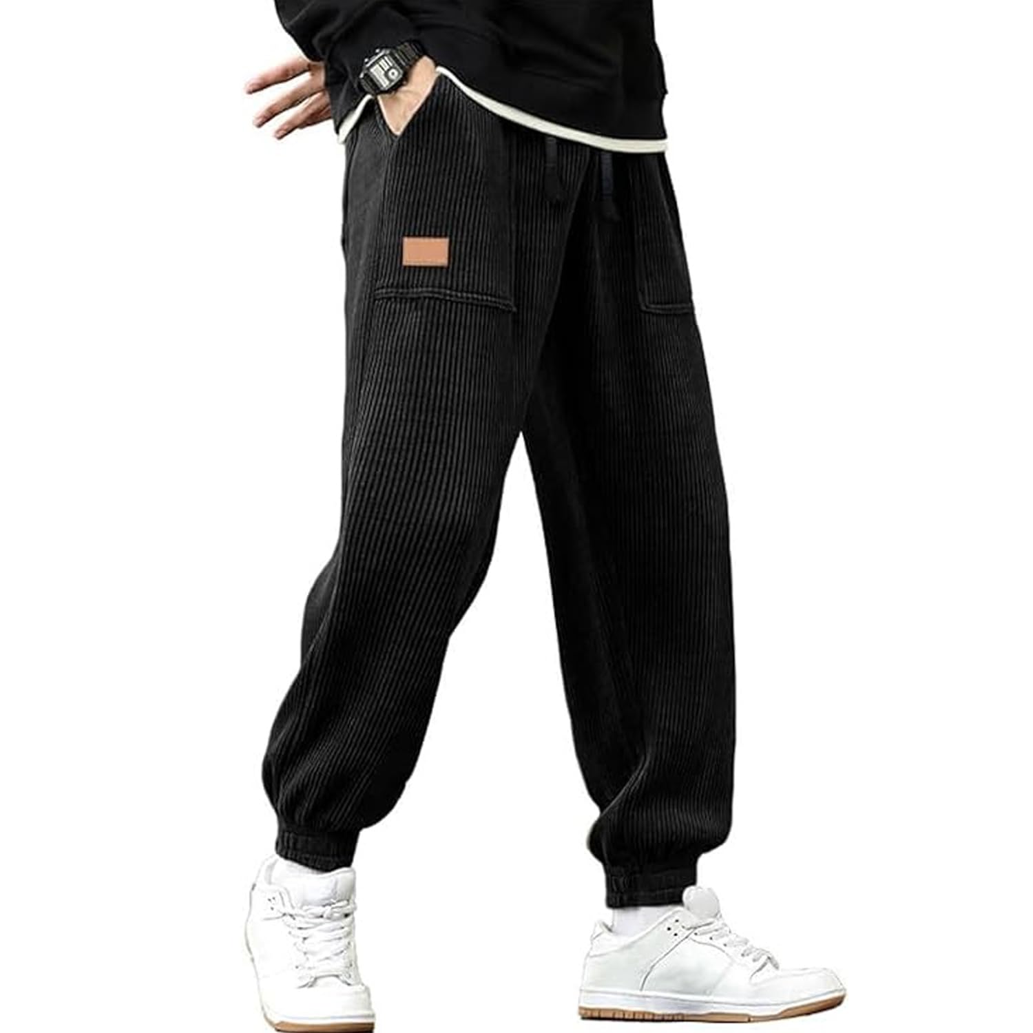 Men's Corduroy Joggers Pants Casual Cargo Pants Drawstring Elastic Waist Baggy Tapered Sweatpants