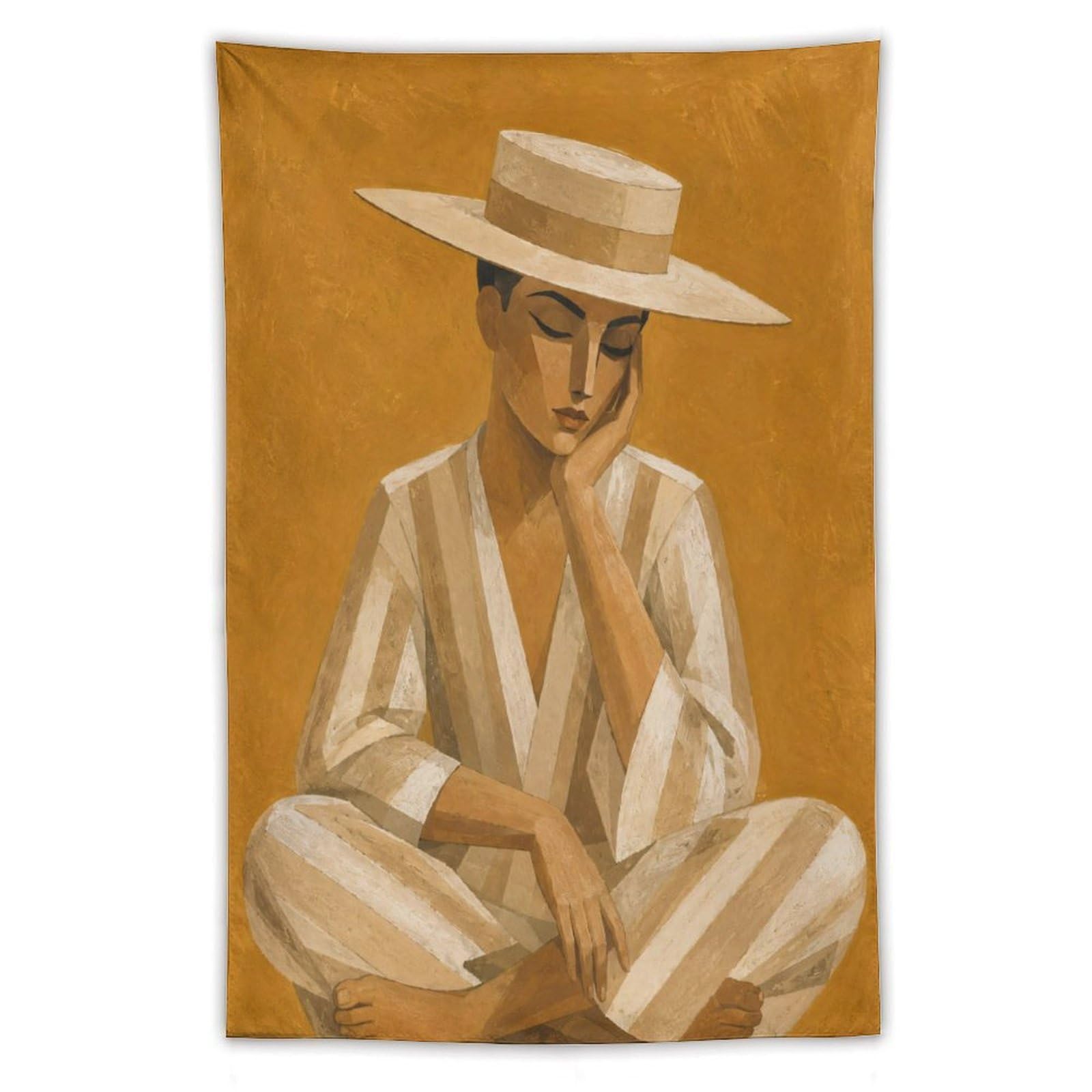 W7C8U2X3 Man in White Hat Wall Tapestry, Geometric Art, Reading Corner