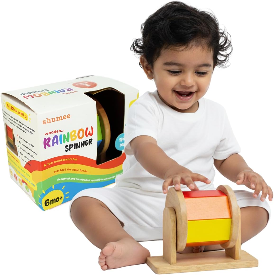 Shumee Wooden Rainbow Spinner Toy For Babies | (6 Months+) | Montessori Spinning Wheel | Tummy Time Sensory | Fine Motor Skills | Develop Hand-Eye Coordination | Handcrafted | Chakri/Buguri | Gift Toy
