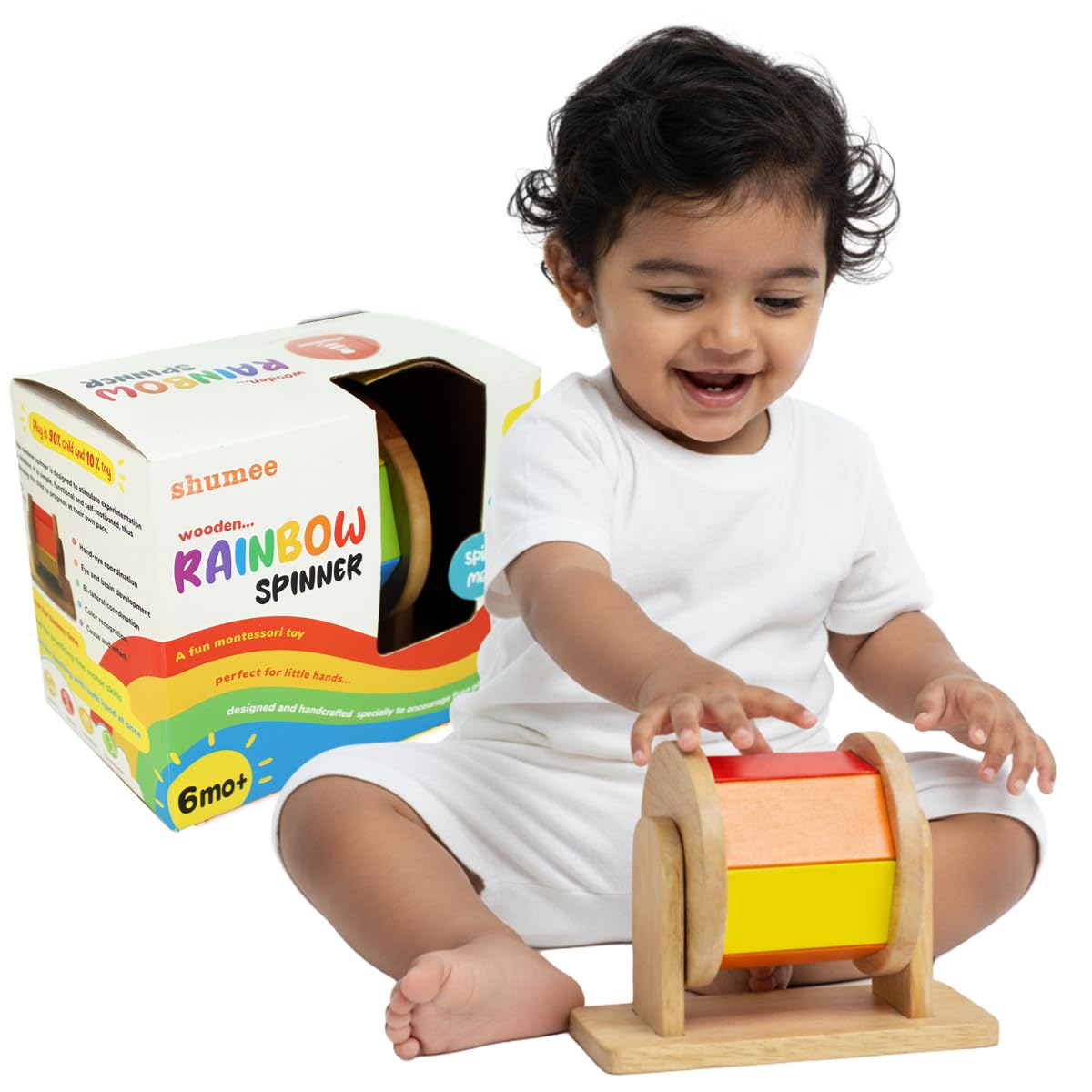 Shumee Wooden Rainbow Spinner Toy For Babies | (6 Months+) | Montessori Spinning Wheel | Tummy Time Sensory | Fine Motor Skills | Develop Hand-Eye Coordination | Handcrafted | Chakri/Buguri | Gift Toy