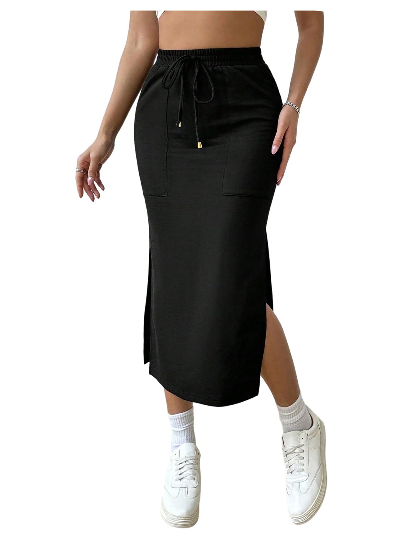 OYOANGLE Womens Split Thigh Bodycon Midi Skirt Drawstring Waist Long Skirts with Pockets