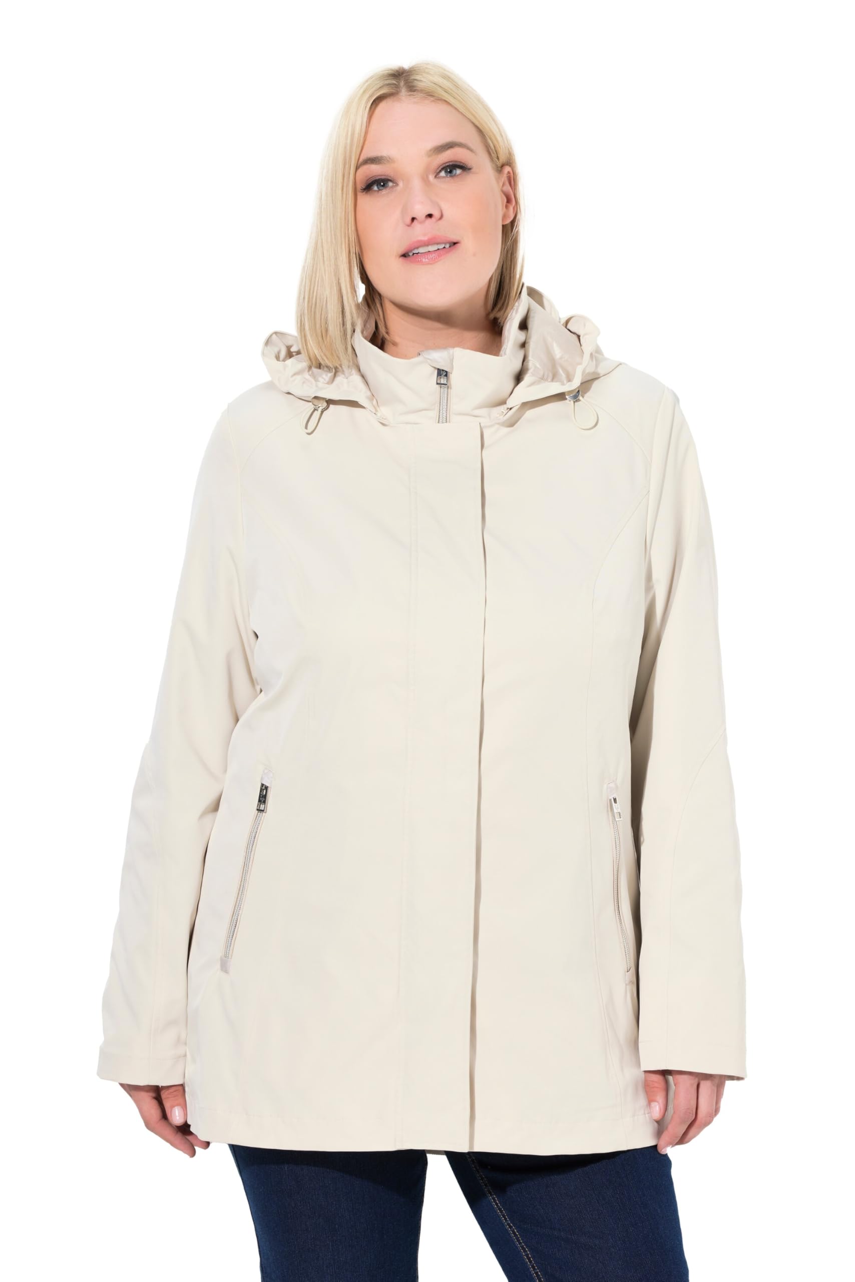 Ulla Popken Damen große Größen Übergrößen Plus Size Softshell-Longjacke, wasserdicht, 2-Wege-Zipper, Kapuze 837664