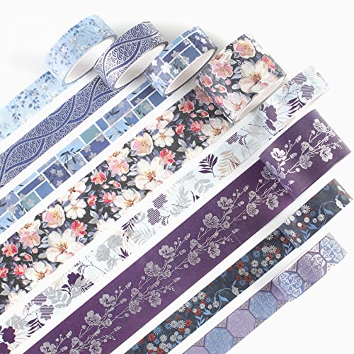 Rubans de masquage Washi Tape bleus et argentés pour scrapbooking et journal, lot de 8 rouleaux