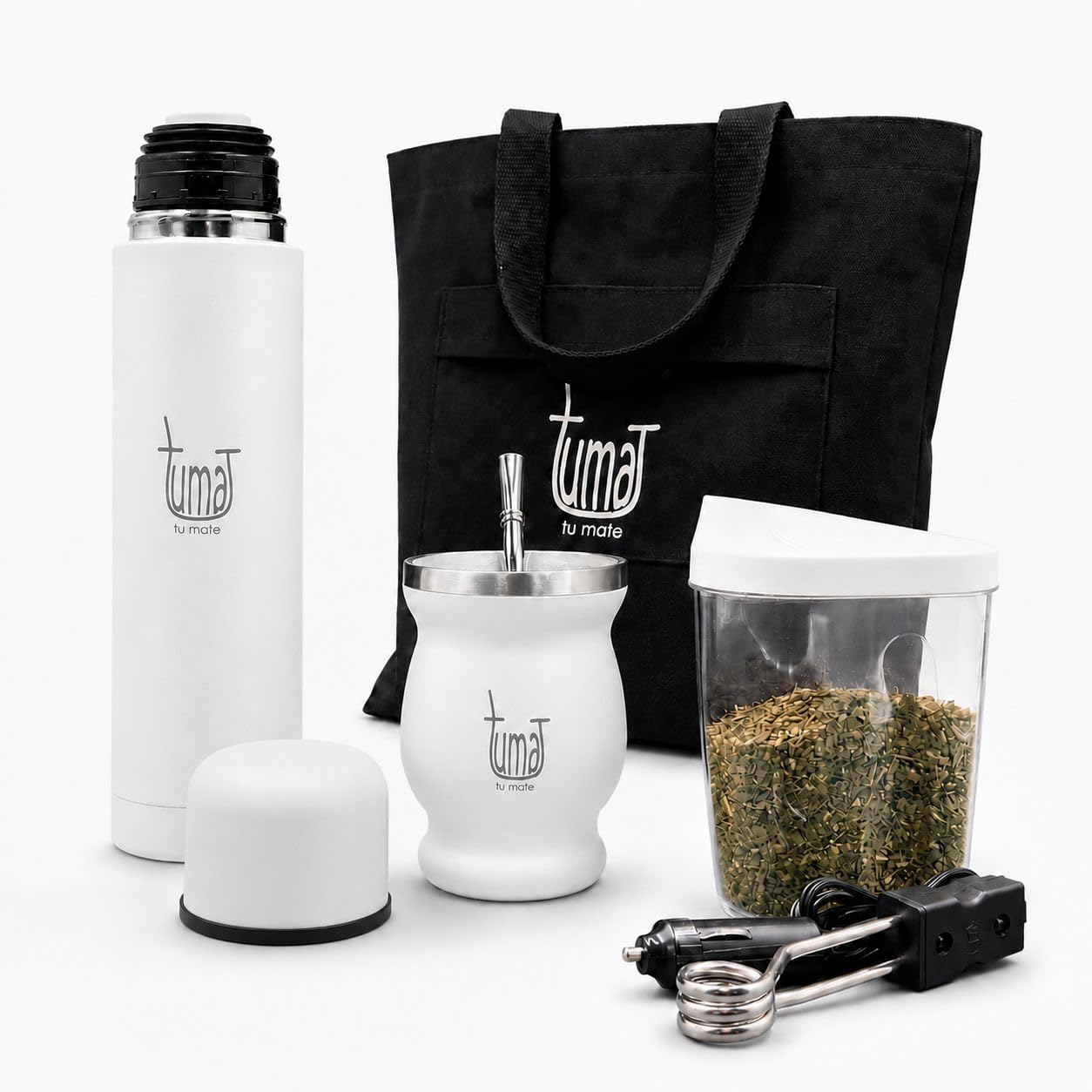 Yerba Mate Komplett-Set – inklusive matter Tasse, Strohhalm (Strahler), 750 ml Thermosflasche, Beutel und zwei Geschenken (Yerbero Behälter und Auto-Tauchwärmer) – Yerba Mattes Edelstahl-Set
