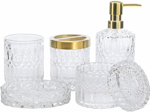 Miniatura 8 de Juego completo de 5 accesorios de baño de vidrio, dispensador de loción, jabonera, soporte para cepillos de dientes, vaso, frascos de hisopos de
