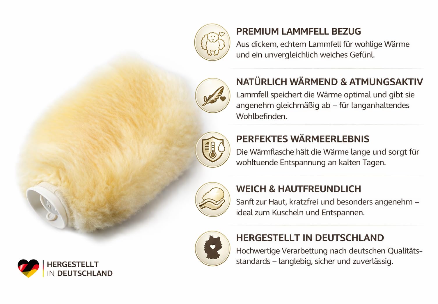 Hofbrucker® Borsa dell'acqua calda in pelliccia di agnello, 2,0 litri, ecologica | Rivestimento morbido, ecologico, calore naturale