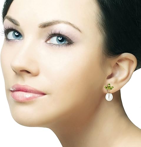 Miniatura 2 de Galaxy Gold GG Pendientes de perlas cultivadas en agua dulce de oro amarillo de 14k con peridoto, Metal Gema, Peridoto Perla